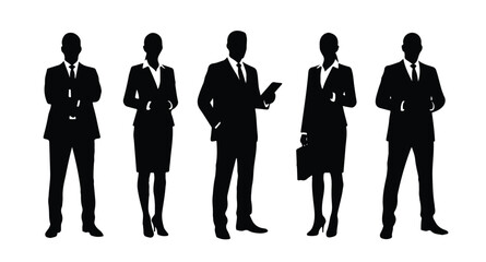 Vector silhouettes of  men and a women, a group of standing and walking business people, black color isolated on white background
