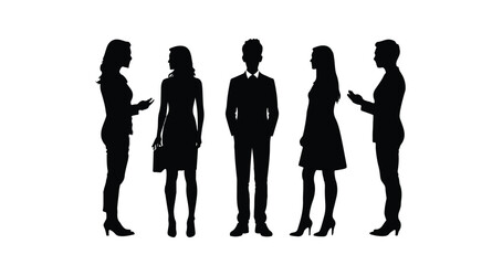 Vector silhouettes of  men and a women, a group of standing and walking business people, black color isolated on white background