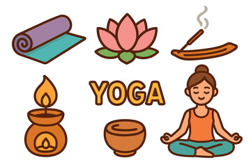 Relaxing yoga practice with essential elements for well being. Set of 6 vector illustration