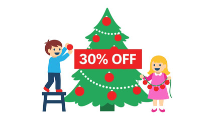 Festive Discount Delight: A joyful holiday scene features children eagerly decorating a Christmas tree adorned with ornaments and twinkling lights, heralding a special 30% off promotion. 