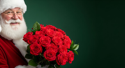 Flower shop Christmas delivery. Santa Claus holding a bouquet of red roses with warm smile, dark green background, concept of Christmas greetings, delivery and New Year flower gift, Copy space
