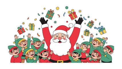 Holiday Cheer Extravaganza: Santa Claus and his lively elven helpers spread festive joy as gifts and confetti fill the air, creating a magical holiday celebration atmosphere.