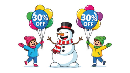 Winter Wonderland Sale: A cheerful snowman and two happy children offer enticing deals. The scene exudes winter charm and festive cheer.