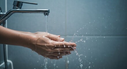 Hands cleansing under a running water faucet, splashing droplets
