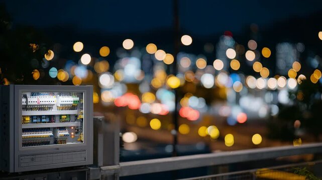 PLC system mounted on DIN rail shown in striking silhouette, soft glowing bokeh lights behind accentuating industrial mood
