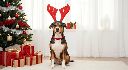 Adorable dog wearing festive reindeer antlers sitting near Christmas tree presents
