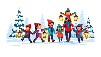 Fototapeta premium Festive Gathering: An illustrated depiction of a joyful family, bathed in the soft glow of lanterns, embarking on a winter adventure amidst a serene, snowy landscape.