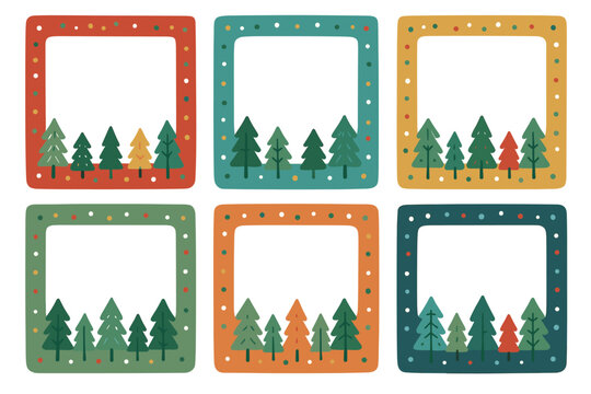 Colorful frames with trees for holiday greetings and messages. Set of 6 vector illustration