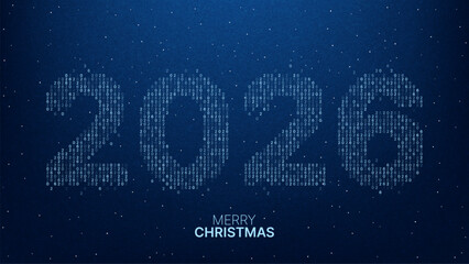Naklejka premium Happy new year 2026 and Merry Christmas holiday card with big number made of circuit board pattern on blue background for celebration.