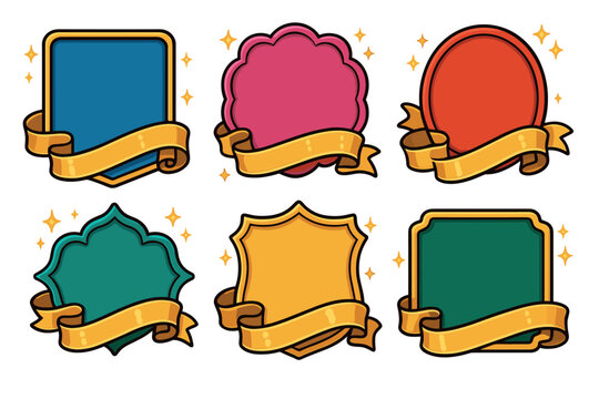 Colorful decorative labels with ribbons for design projects. Set of 6 vector illustration