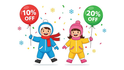 Winter Sale Cheer: Playful illustration of two children holding balloons with discount offers, set against a festive backdrop of falling snowflakes, exuding joy and warmth.