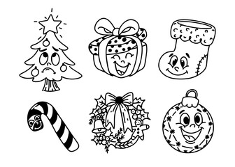 Cartoon linear doodle set of items with emotions for Christmas and New Year.