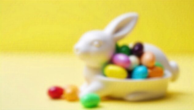 A whimsical arrangement of brightly colored jelly beans spilling out of a vintage ceramic bunny candy dish. A vintage, light green ceramic bunny candy dish overflowing with a vibrant cascade of