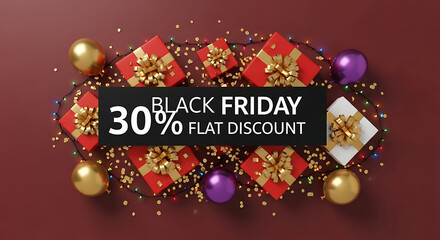 Naklejka premium Black Friday 30 percent flat discount sale with gifts