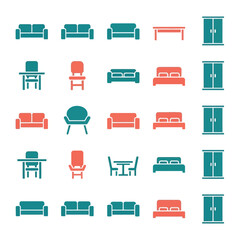 Furniture collection: A comprehensive compilation of furniture icons, meticulously designed in a sleek, minimalist style, perfect for representing diverse furnishings in interior design concepts.