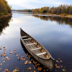 Obraz premium Wooden canoe floating on calm river with autumn foliage reflections native american Heritage Day