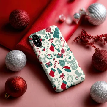 Festive phone case flat lay with snowflakes and holiday props