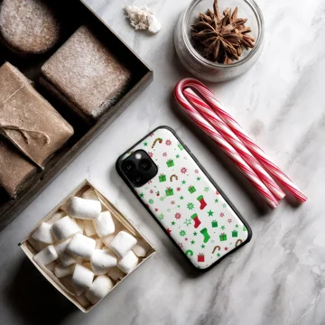 Christmas themed phone case mockup with cozy flat lay styling