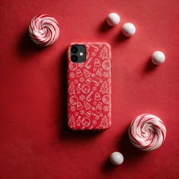 Phone case mockup with Christmas design and candy cane decor