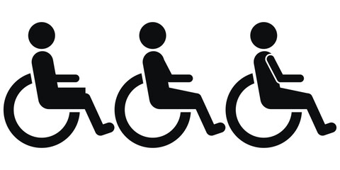 Black wheelchair icon vector illustration for accessibility, disability support, handicap signage, ADA compliance, healthcare, hospital, transport, and parking