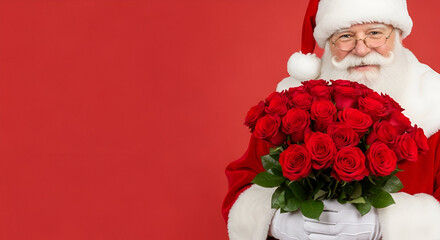 Flower shop Christmas delivery. Santa Claus holding a bouquet of red roses with warm smile, red background, concept of Christmas greetings, delivery and New Year flower gift, Copy space