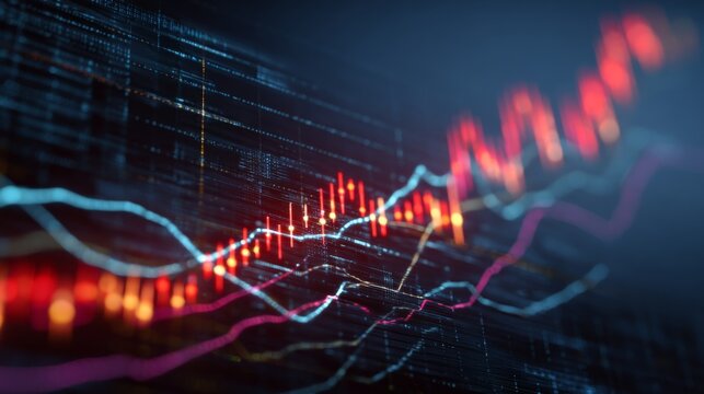 Abstract Digital Stock Market Chart Visualizing Financial Trends and Fluctuations with Candlestick Patterns and Dynamic Line Graphs
