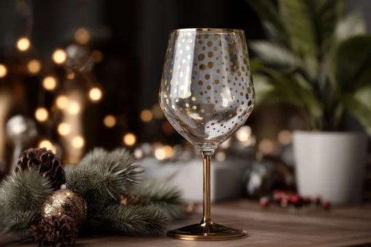 Festive dinner table with patterned wine glass and lights