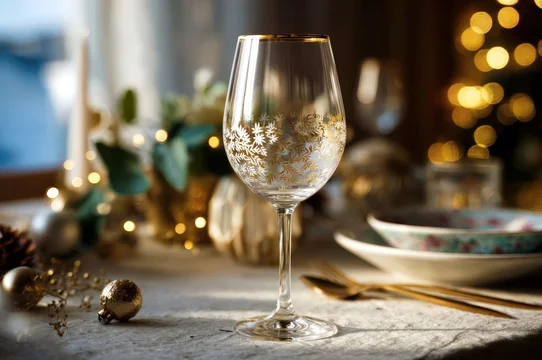 Christmas wine glass mockup surrounded by warm golden decor