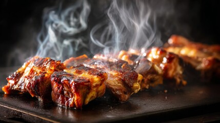 Smoky Grilled Meat Pieces on Black Grill Serving Board with Delicious Sizzle and Aromatic Steam in Close-Up Photography