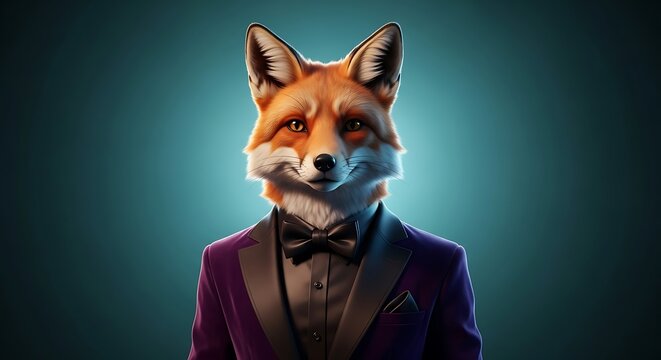 Anthropomorphic fox wearing a purple suit and bow tie, looking directly at the camera - Powered by Adobe