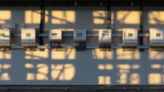 Technical silhouette of DIN rail with multiple PLC modules, sharp contours against illuminated industrial wall