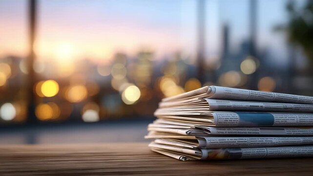 Towering stack of folded daily newspapers on wooden office desk, sunlight streaming through window, bokeh shimmer across headlines