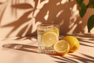 Fresh Lemon Water Glass with Sliced Lemon and Whole Lemon in Bright Sunlight