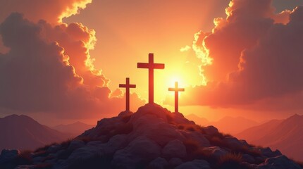 Three crosses stand tall against a vibrant sunset, evoking faith, hope, and peace in a stunning landscape, perfect for Easter themes