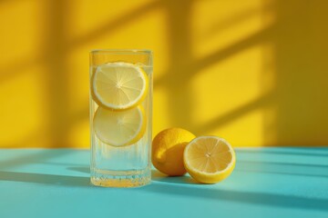 Fresh Lemon Water Glass with Sliced Lemons on Bright Colorful Background