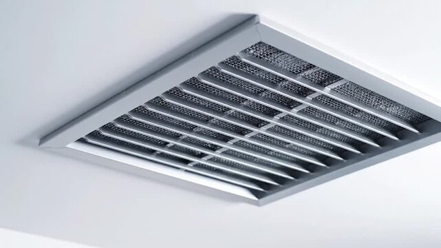 Close-up of a ceiling air vent with parallel slats and mesh filter in a modern, light setting