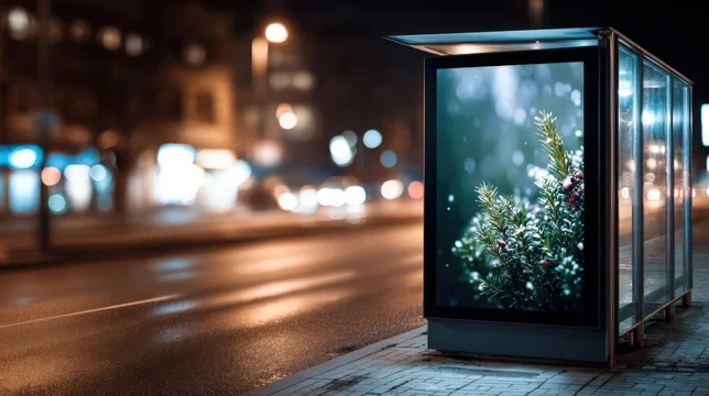 Urban outdoor banner mockup with Christmas lights and snow