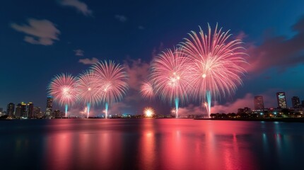 Spectacular fireworks illuminate the night sky over the city skyline, creating a vibrant and celebratory atmosphere over calm water