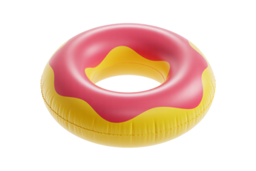 Vibrant inflatable donut pool float with pink frosting and yellow base, perfect for summer fun, relaxation, and poolside enjoyment