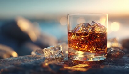 Glass of Whiskey with Ice Cubes on Rocky Surface at Sunset