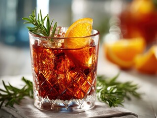Elegant Glass of Warm Spiced Cocktail with Orange Slice and Rosemary Garnish on Rustic Linen