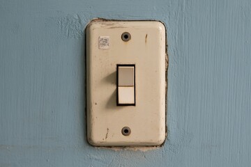 Close up of vintage light switch on blue wall for electrical home concept