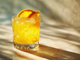 Bright Yellow Citrus Cocktail with Ice and Orange Slice on Clear Glass in Warm Sunlight