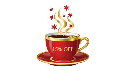 Delectable Coffee Cup Promotion: A captivating illustration showcases a stylish coffee cup filled with aromatic brew. The cup, a vibrant red with gold accents, features a 15% discount.