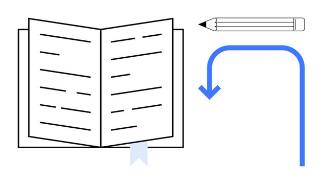 Open book with visible text lines, a pencil, and a curved blue arrow pointing downward. Ideal for education, writing, creativity, study, planning organization direction. A simple flat metaphor