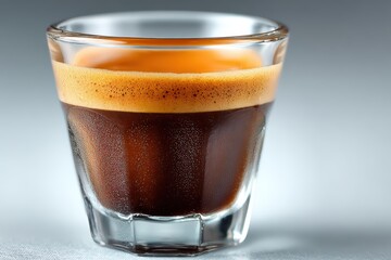 Close Up Dark Coffee in Glass with Creamy Foam on Top in Bright Studio