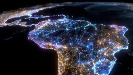 Vibrant cyber map of Latin America, holographic effects showing technology infrastructure, glowing connectivity lines between urban centers - Powered by Adobe