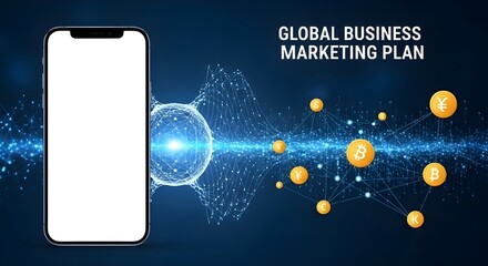 mobile phone on blue background with text