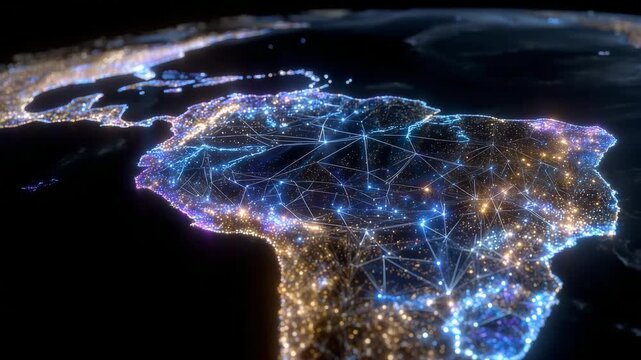 Vibrant cyber map of Latin America, holographic effects showing technology infrastructure, glowing connectivity lines between urban centers