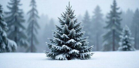 Snow Covered Fir Tree Outdoors with Festive Ornaments A majestic, snow covered fir tree standing tall in a pristine winter landscape. A few classic, deep red and shimmering gold ornaments are